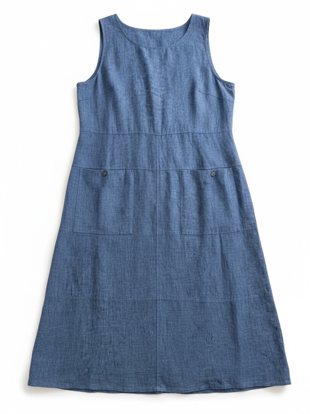 PURE JILL J. JILL 100% LINEN SLEEVELESS TIERED SHIFT DRESS WITH POCKETS BLU SZ L